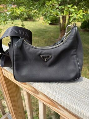 Prada Re-Edition 2005 Black Nylon Messenger Bag with Logo Strap